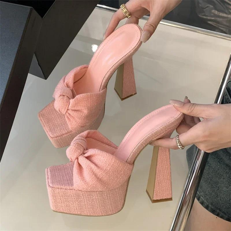 New Chunky Platform Woman Slippers Butterfly-knot Open Toe Wedding Banquet Sandals Extreme High Heels Slide Shoes