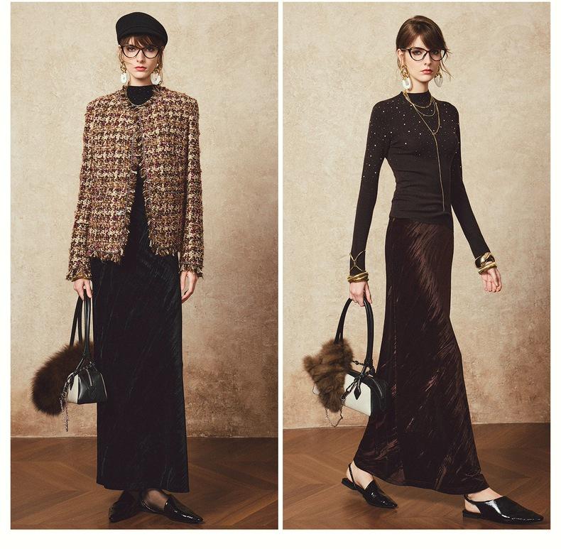 Iridescent Velvet Elastic Fishtail Midi Skirt - High-Waisted, Bias-Cut, Heavy-Duty, Slimming, Women's Autumn/Winter Skirt