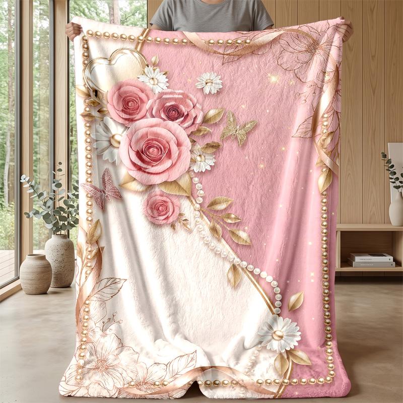 Elegant Floral Frame Theme Blanket Lightweight Warm Flannel Blanket Decorative Throw Blanket for Home Decoration