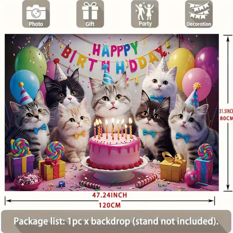 2D "Happy Birthday" Cats Themed Backdrop with Party Hats & Balloons