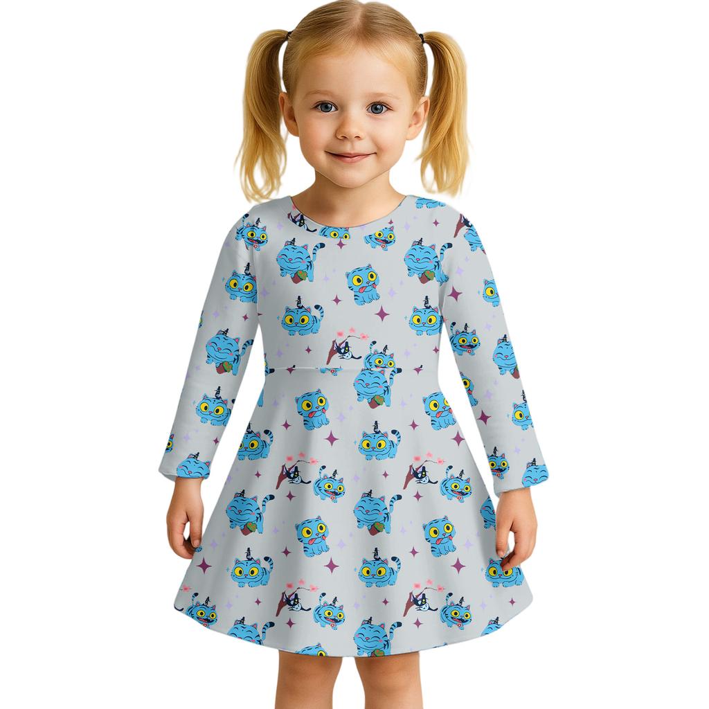 Dziewczęca Sukienka Codzienna Casualowa Uroczy Kreskówkowy Nadruk Długi Rękaw Strój do Tańca Sukienka Księżniczki 2-12 Lat