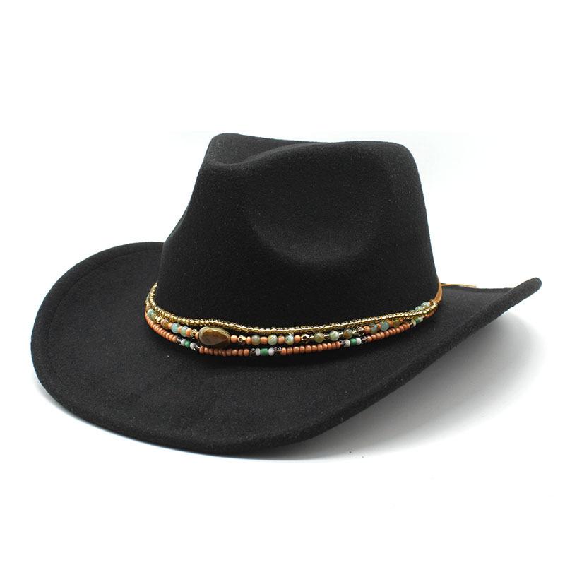 Curled Cowboy Hat Western Ethnic Style Tibetan Felt Hat Colored Bead Rope Accessories Knight Hat Tide