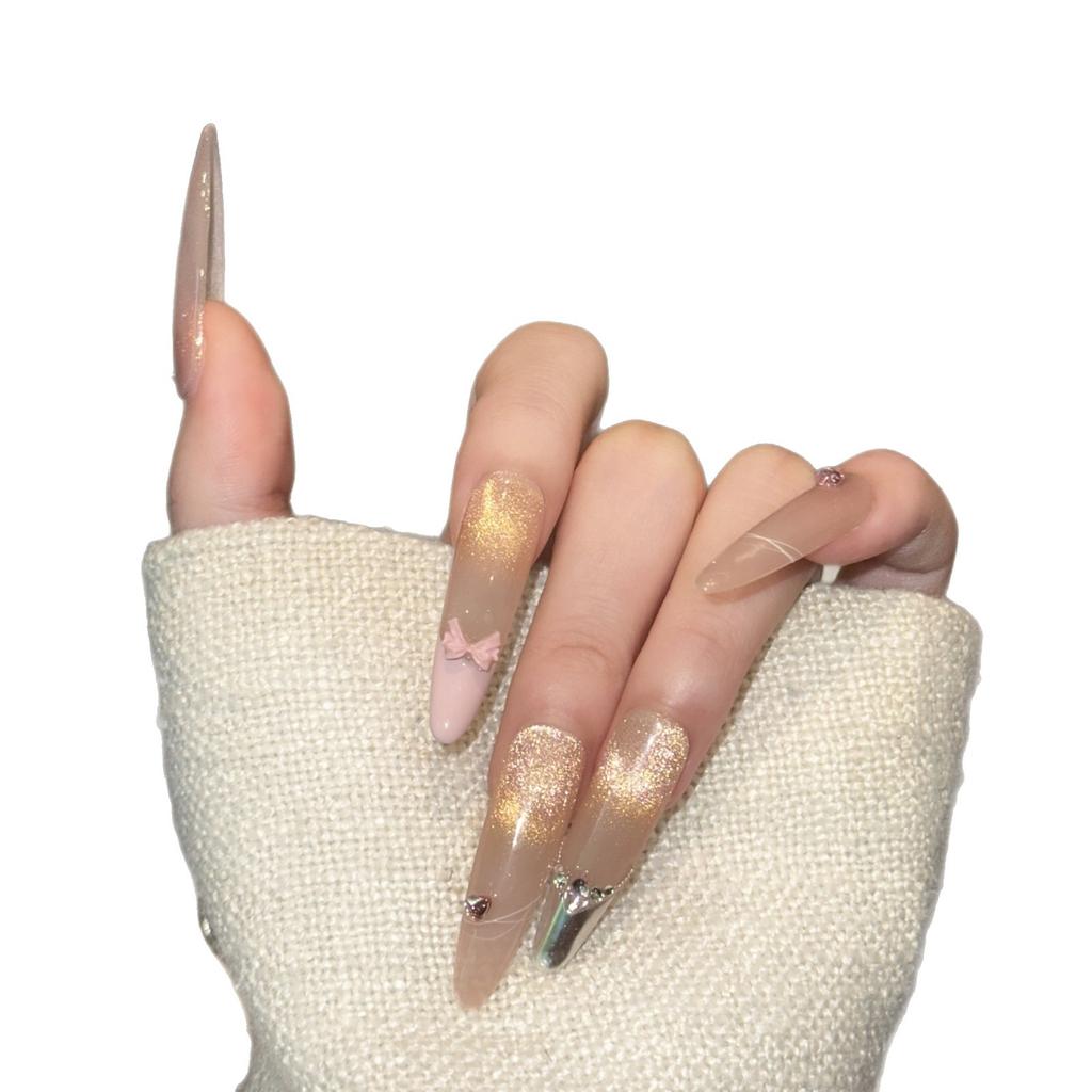 Girly Nude Cat Eyes Pink French Bow Bursting Broken Diamond Pure Hand-wearing Armor Advanced