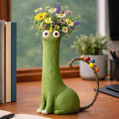 Vaso per Fiori Gatto Artigianale Stravagante Forma di Gatto in Resina Fantasiosa per Fiori Erba della Pampa Divertente Ornamento Gattino per Decorazione Scaffale Casa Ufficio