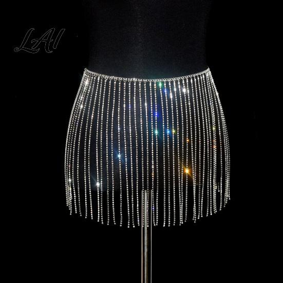 Sparkly Crotch Covering Chain Rhinestone Tassel Waist for Women Sexy Belly Dance Body Skirt-Style Adjustable Parties Hip Accessory Elastic