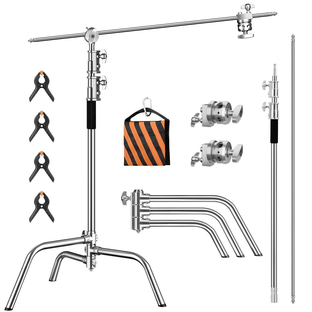 SOONPHO Century Stand Silver 2M C Stand Photography Light Stand with 128cm Boom Arm and 2 Grip Heads Made of Stainless Steel Load Capacity 35kg
