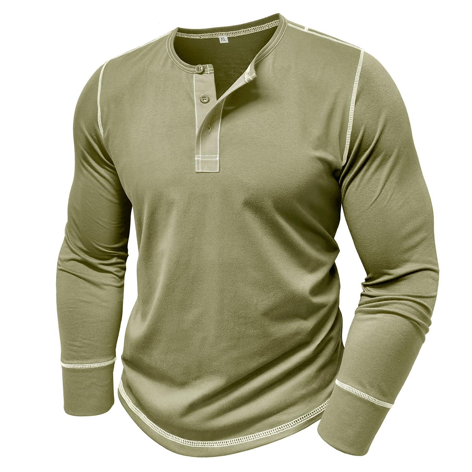 Bright Deer Men’s Long Sleeves Pullovers Henley Shirts Color Blocked T-shirts Autumn Winter Casual Wear Warm Clothes Street Holiday Outdoor Tops L groen