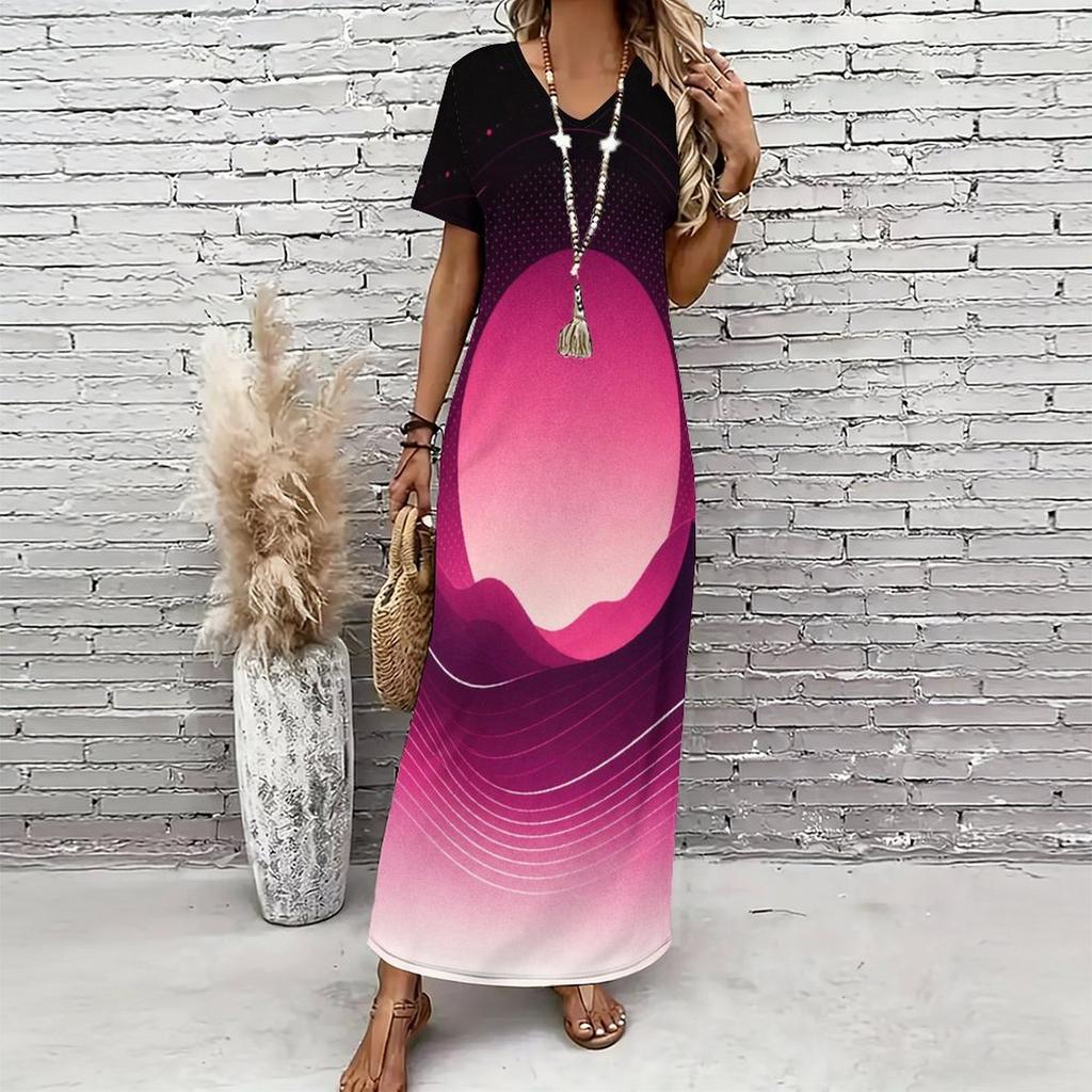Women Plus Size V Neck Short Sleeve Colorful Swirl Printed Long Maxi Dress