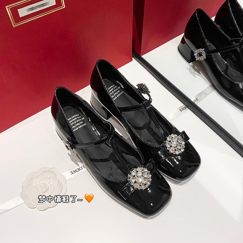 Spring 2025 new Mary Jane shoes fairy rhinestone bow French leather T-shaped shoes with thick heels