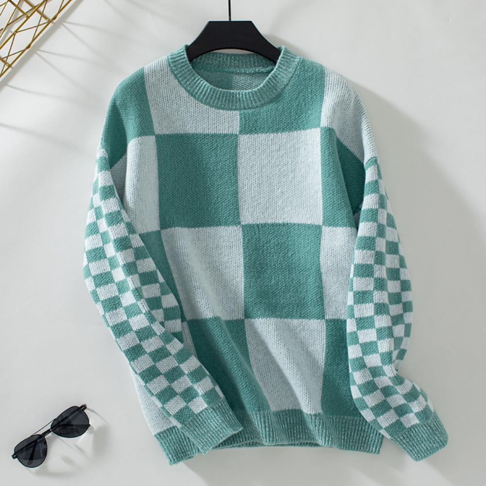 

Plaid Sweater Autumn and Winter Checkerboard Pullover Long Sleeve Knitted Round Neck Contrast Color Sweater for Women XL зелёный