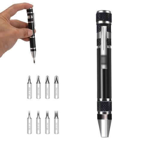 

8-in-1 Pen-Style Screwdriver Set, Miniature, Magnetic, Interchangeable, Portable, Aluminum, Includes Flathead Screwdrivers (1.5 / 2.0 / 3.0 / 3.5), Ph