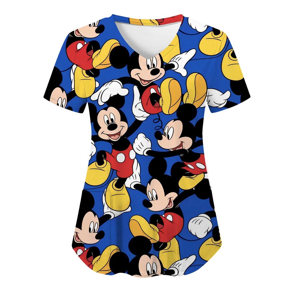 Miniso Minnie Mouse T-shirts V Neck Woman Clothes Hospital Tops Disney Top Women 2025 Nurse Uniform T-shirt Pocket Summer Tees