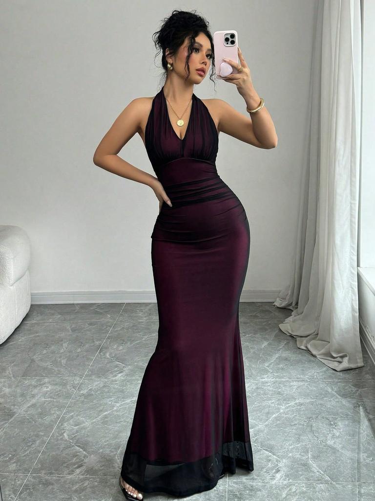 New hot-selling long backless mesh pullover V-neck women's dress dress new