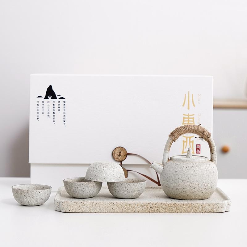 Black pottery travel kung fu tea set, ceramic simple 1 pot 4 cups gift box gift