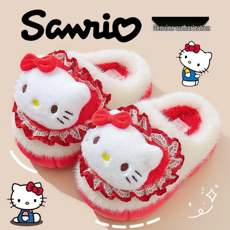 Sanrio Winter Furry Cotton Slippers for Girls – Warm Indoor Cartoon Shoes with Thick Soles, available in Parent-Child Sizes.