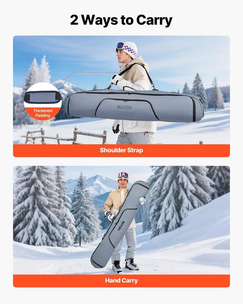 Snowboard Bag, Up to 65 in/165 cm, Padded Skis & Snowboards Bag for Air Travel, 600D Waterproof Oxford Fabric, with Adjustable Inner Straps, for Skis