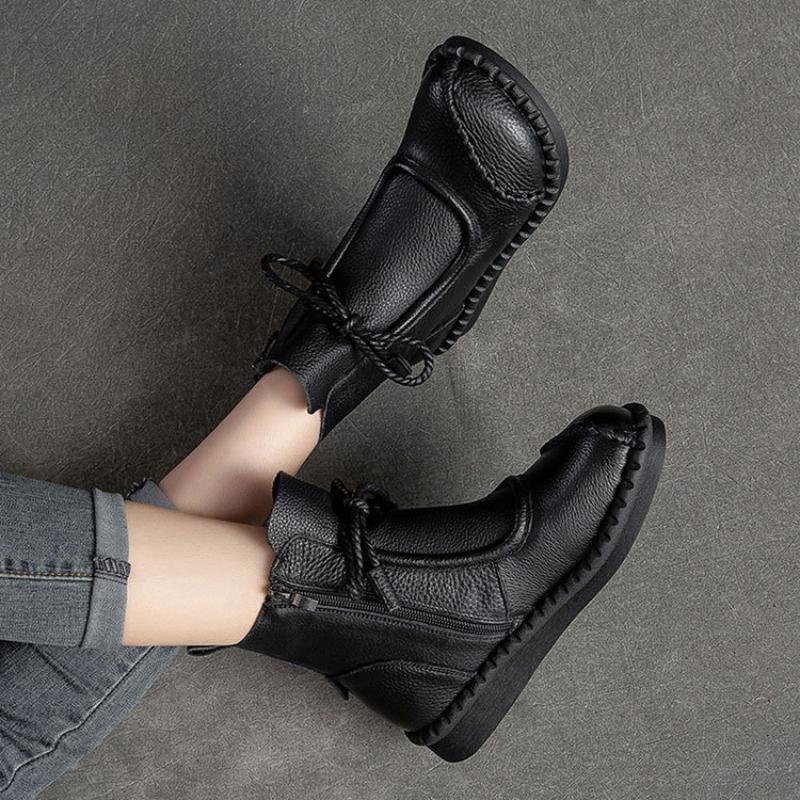 Johnature Flat Bottom Plush Warm Cotton Boots Solid Color Retro Genuine Leather Women's Short Boots
