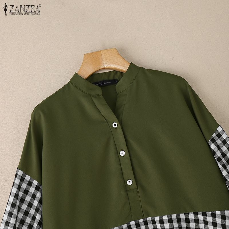 ZANZEA Women Plaid Print Splice Long Sleeve Loose Casual Blouse