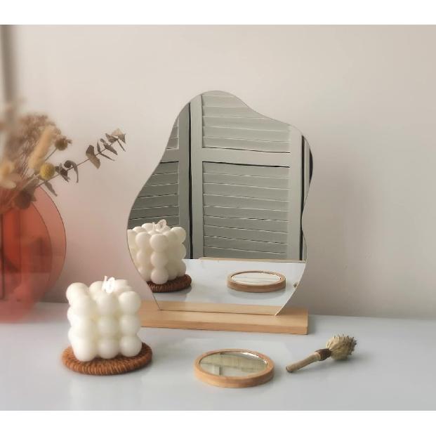Irregular Aesthetic Vanity Mirror Frameless, Decorative Desk Tabletop Acrylic Mirrors with Wooden Stand for Living Room, Bedroom, and Minimal Spaces