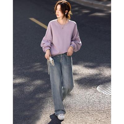 Demana Damen entspannte Passform Rundhalsausschnitt Laternenärmel Air Layer Sweatshirt