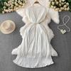 Celebrity Temperament Heavy Industry Pearl Fungus Edge Round Neck Dress Women's Summer New Waist Thin Pleated Long Dress