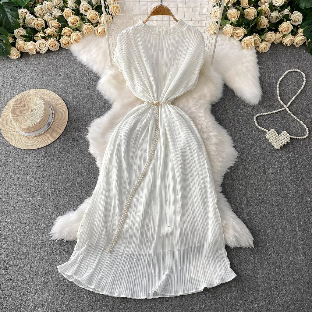 Celebrity Temperament Heavy Industry Pearl Fungus Edge Round Neck Dress Women's Summer New Waist Thin Pleated Long Dress