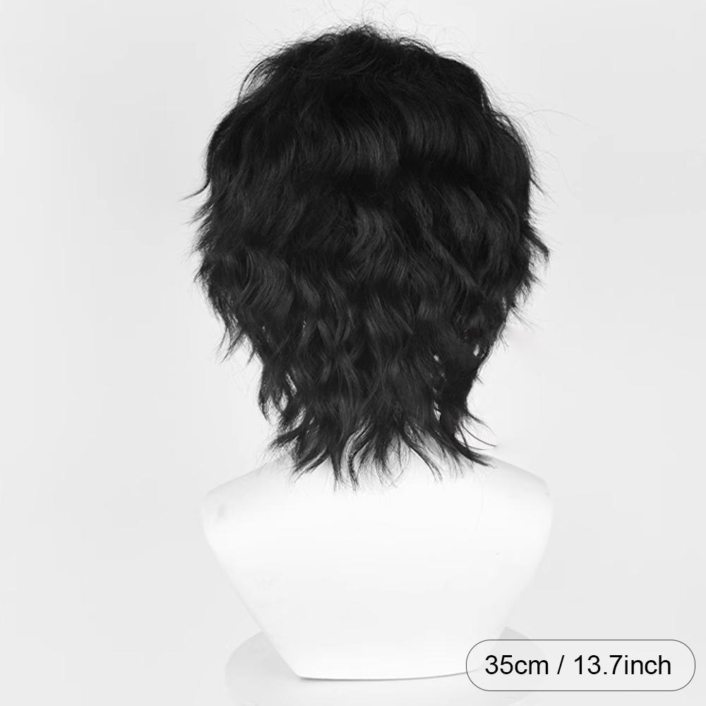 Parrucca Corta Nera Ondulata Riccia Sintetica da Uomo Anime Gioco Cosplay Soffice Resistente al Calore per Festa Quotidiana