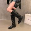 Tall Knight Boots Belt Buckle Straight Boots Autumn and Winter Small Golden Knee Buckle Low, But with the New Round Head