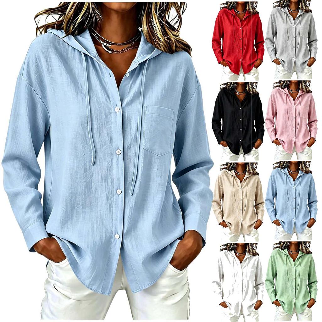 Damen Kapuzen Kurzarm Lockerer Schnitt Freizeithemd Knopfleiste Leichter Pullover Oberteil mit Kordelzugkapuze und Brusttasche für den Alltag