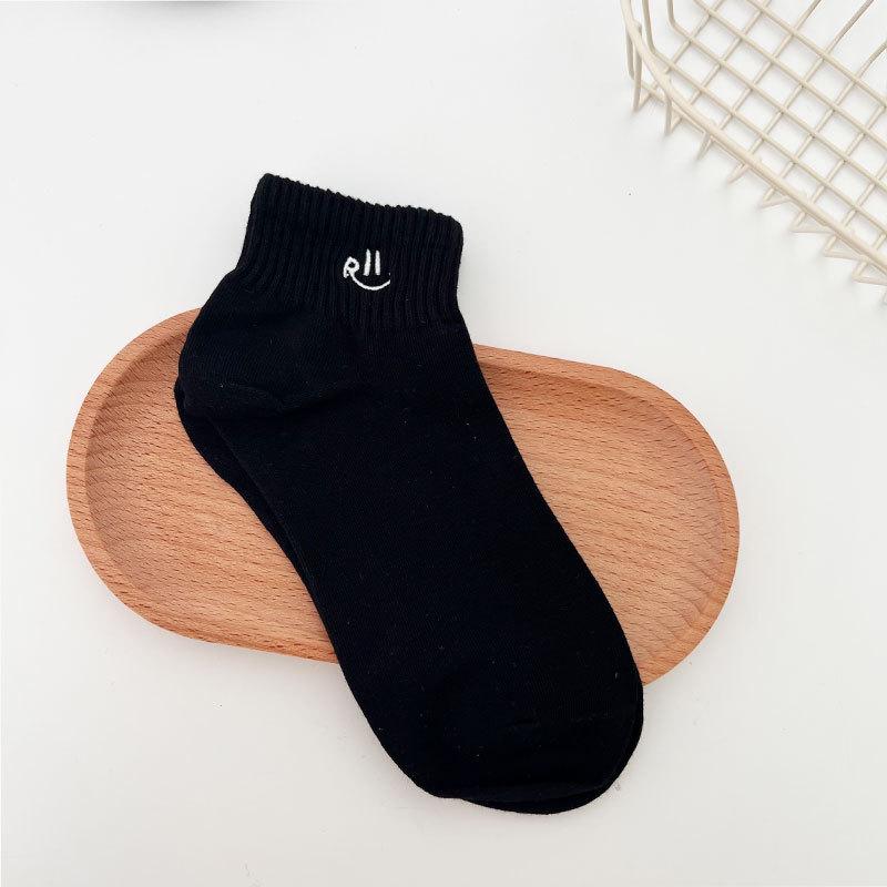 Socks Embroidered Smiley Face Boat Socks Trend Short Tube Solid Color Cotton Socks Versatile Student White Socks