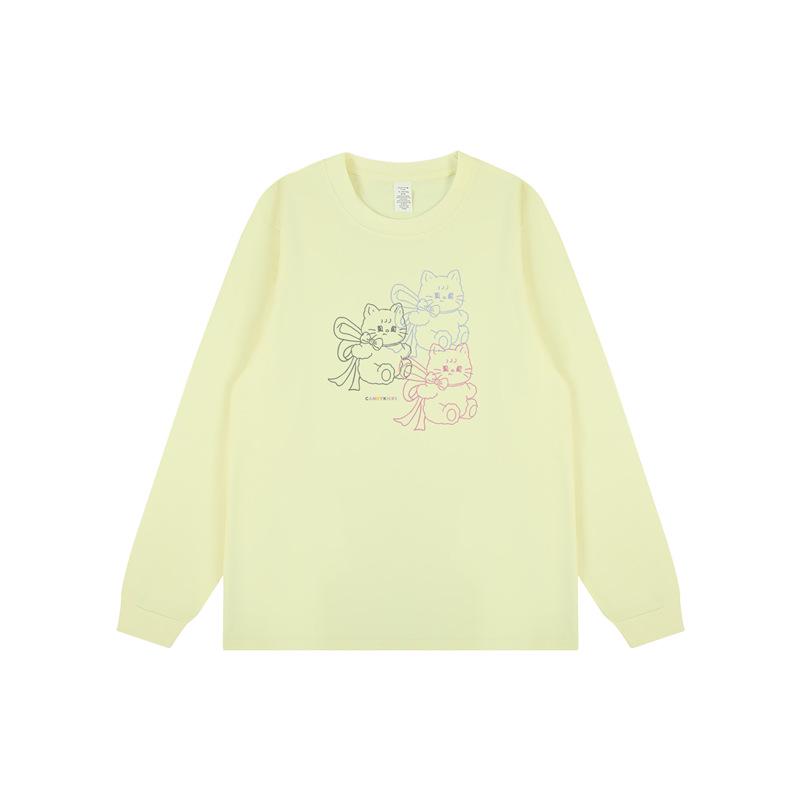 

2024 Trendy Korean Style Cartoon Cat Long Sleeve Cotton T-Shirt M