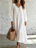 Summer new lace V-neck cotton and linen dress for women, loose long-sleeved vacation style solid color medium and long skirt