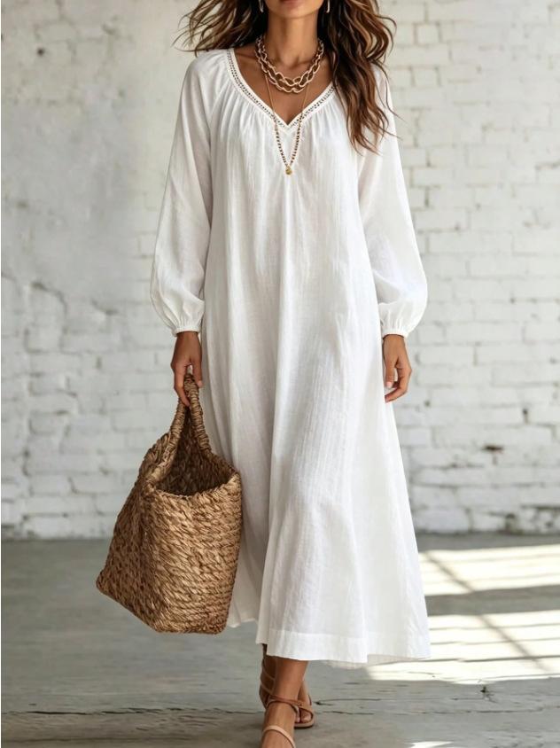 Summer new lace V-neck cotton and linen dress for women, loose long-sleeved vacation style solid color medium and long skirt