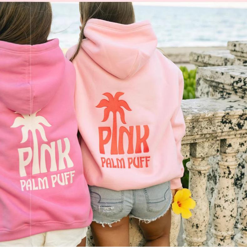 Women's Hooded Long Sleeve Drop Shoulder Pullover Sweatshirt Palm Tree "PINK PALM PUFF" Back Letter Print Casual Hoodie