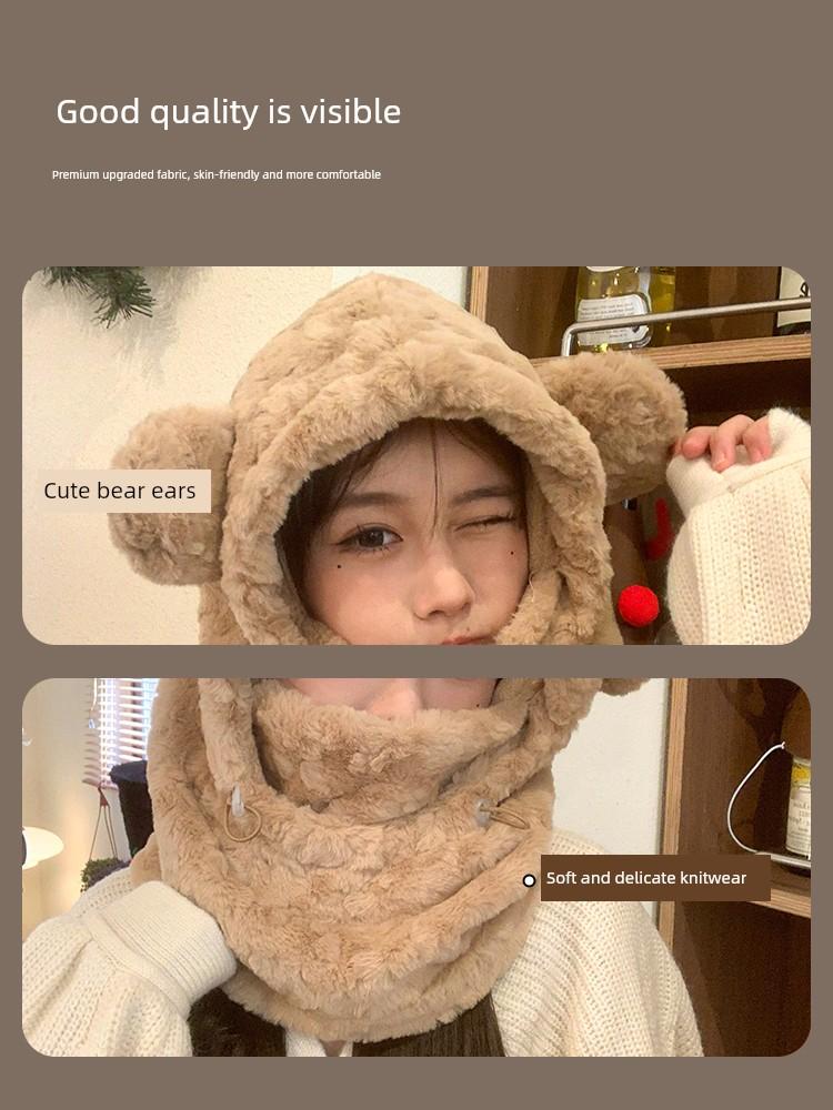 Bear Hat and Scarf Set for Women, Winter Warm and Cute Plush Ear-Protecting Lei Feng Hat, Cycling Three-Piece Set with Neck Warmer for Winter