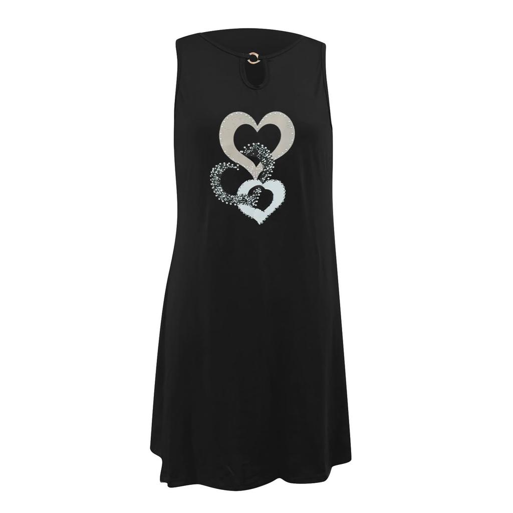 Women Summer  Print Hollow Out Sleeveless Loose Tank Mid Dresses