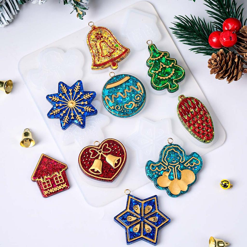Christmas Tree Listing Silicone Mold DIY Snowflakes Angel Bell Crafts Making Plaster Resin Pendant Keychain Molds Home Xmas Deco