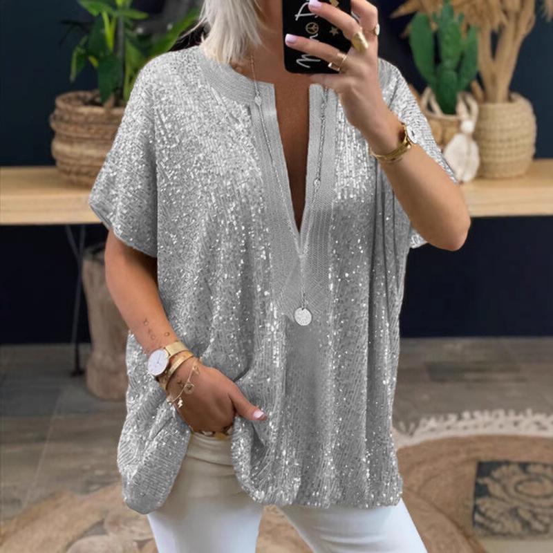 Available Sequin V-Neck Casual Short-Sleeve Shirt