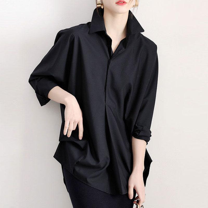 Spring Summer Loose Commute Solid Color Shirt Women's Clothing Fashion Single-breasted Korean Polo-Neck Long Sleeve Midi Blouse