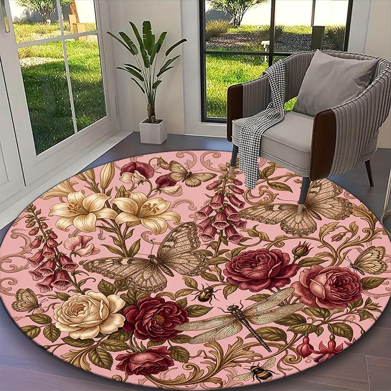 1pc Round Rug Appropriate for Office, Deep Wine Floral Butterfly Carpet, Versatile Printed Chair Rug, Durable Home Sofa Carpet