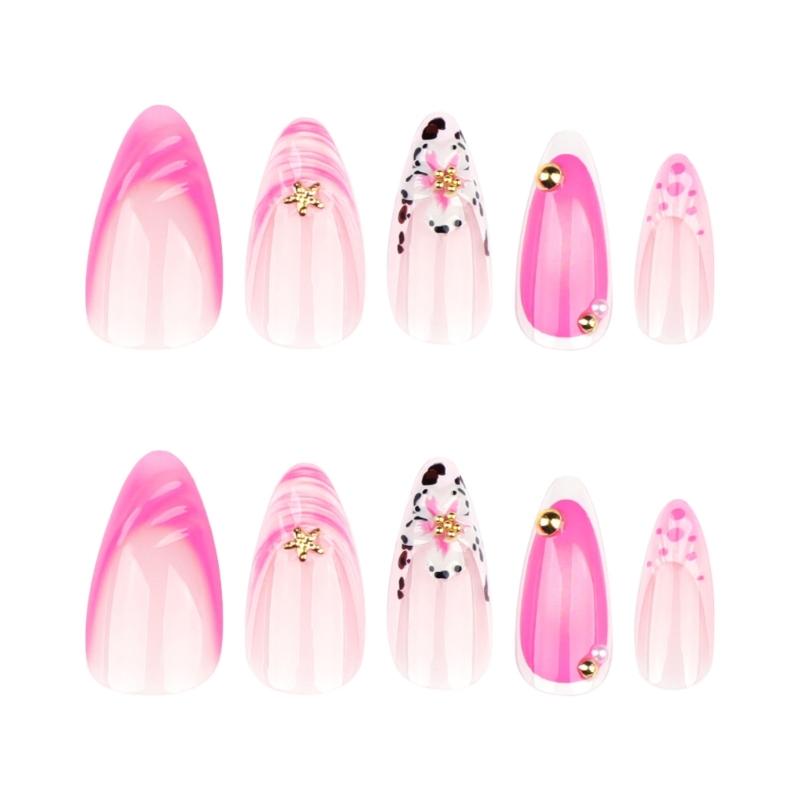 24 ks mandlových nalepovacích nehtů s květinovým francouzským designem, akrylové falešné nehty, umělé nehty s lepidlem na nehty pro ženy a dívky