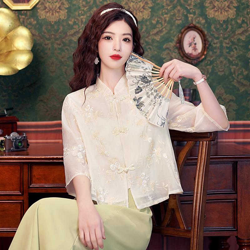 トップス mame Botanical Embroidery Chiffon blouse New Summer Fashion Chinese Style Embroidery Chiffon Blouse Shirt