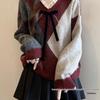Women's Wine Red Argyle Knitted Sweater with Lace Bow - 2025 Autumn/Winter Retro Collection