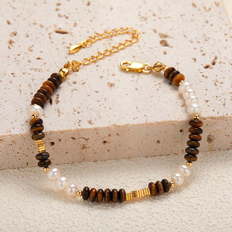 Original Design S925 Sterling Silver Natural Freshwater Pearl Tiger'S Eye Stone Color Treasure Bracelet Women'S Trend Handmade Beads