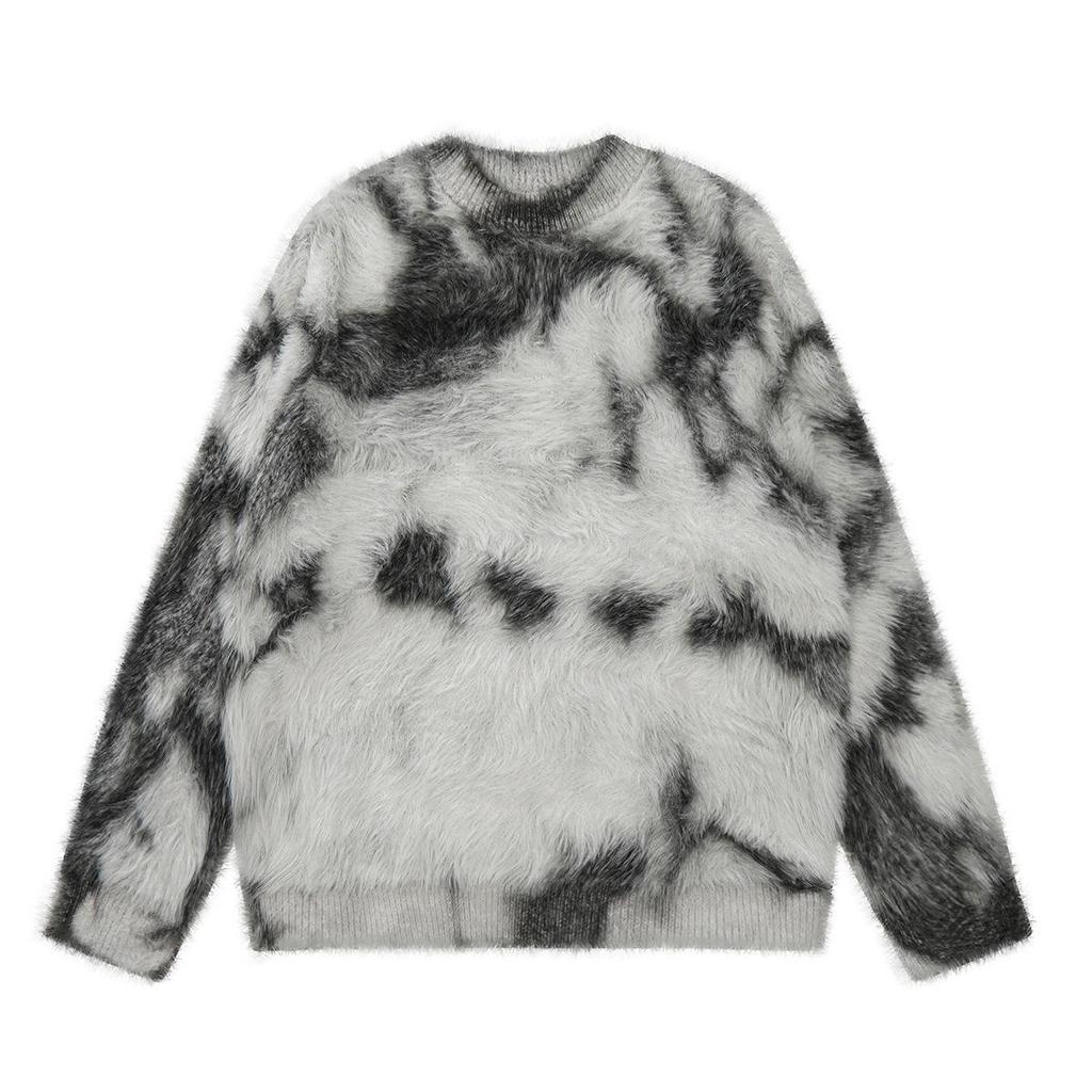 High Street Trendy Tie-Dye Faux Mink Men’s Loose Winter Sweater - Soft, Fluffy, Long Sleeve, Round Neck