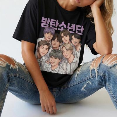Grafické tričko BTS World Tour, Tričko s fanouškovským uměním Kpop, Tričko Bangtan Boys, Roztomilé tričko s ilustrací BTS, Dárek pro ARMY, Merch korejského idola
