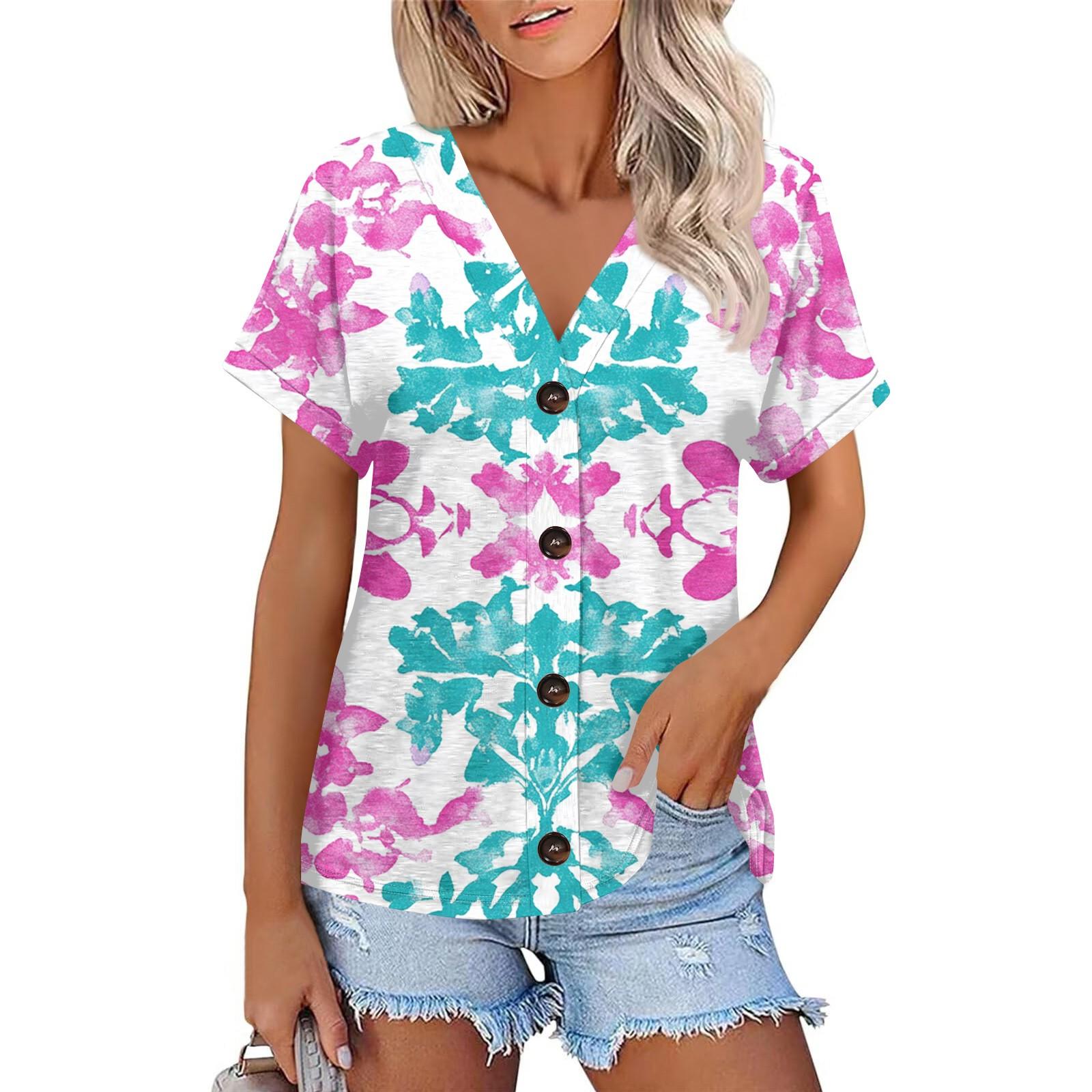 

Женская мода с короткими рукавами и V-образным вырезом, повседневная футболка с пуговицами XXXL