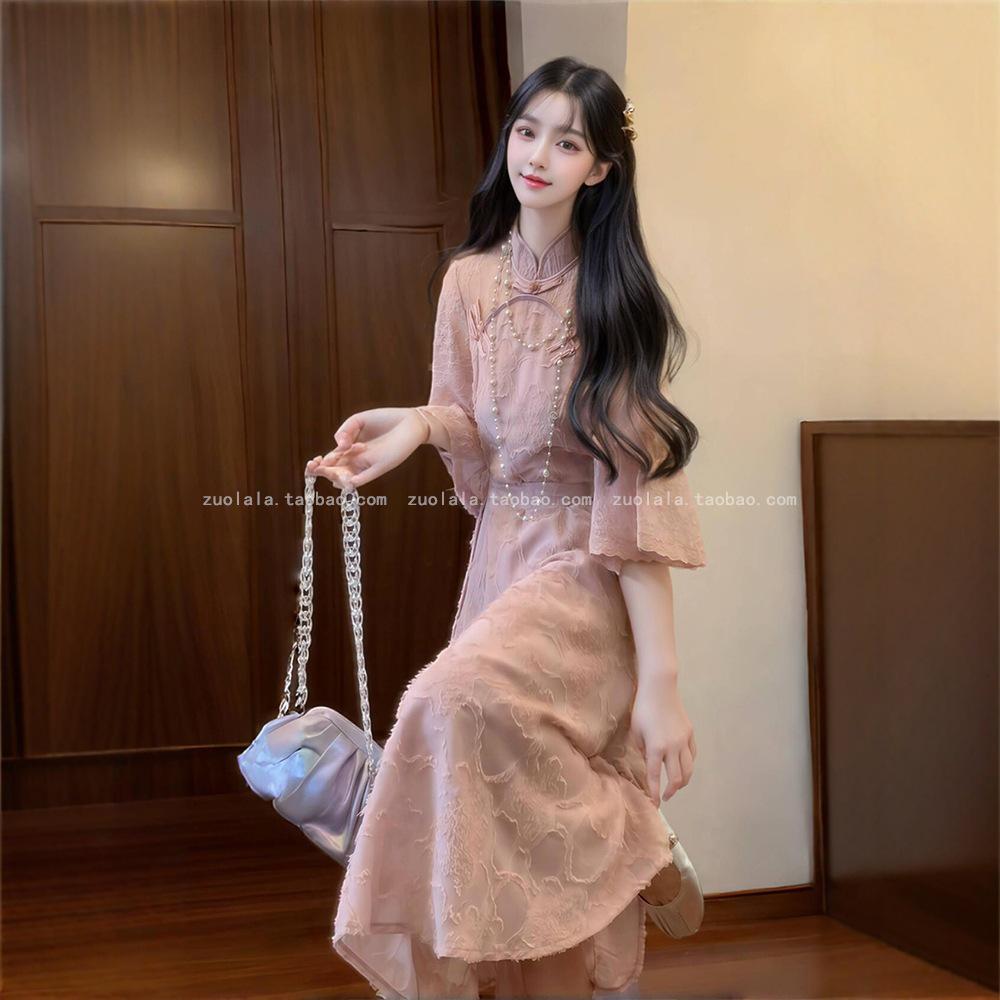 2025 Modernes Cheongsam-Kleid im chinesischen Stil mit Jacquardmuster, Übergröße, Sommerausgabe - Damen-Langkleid mit Taillenraffung