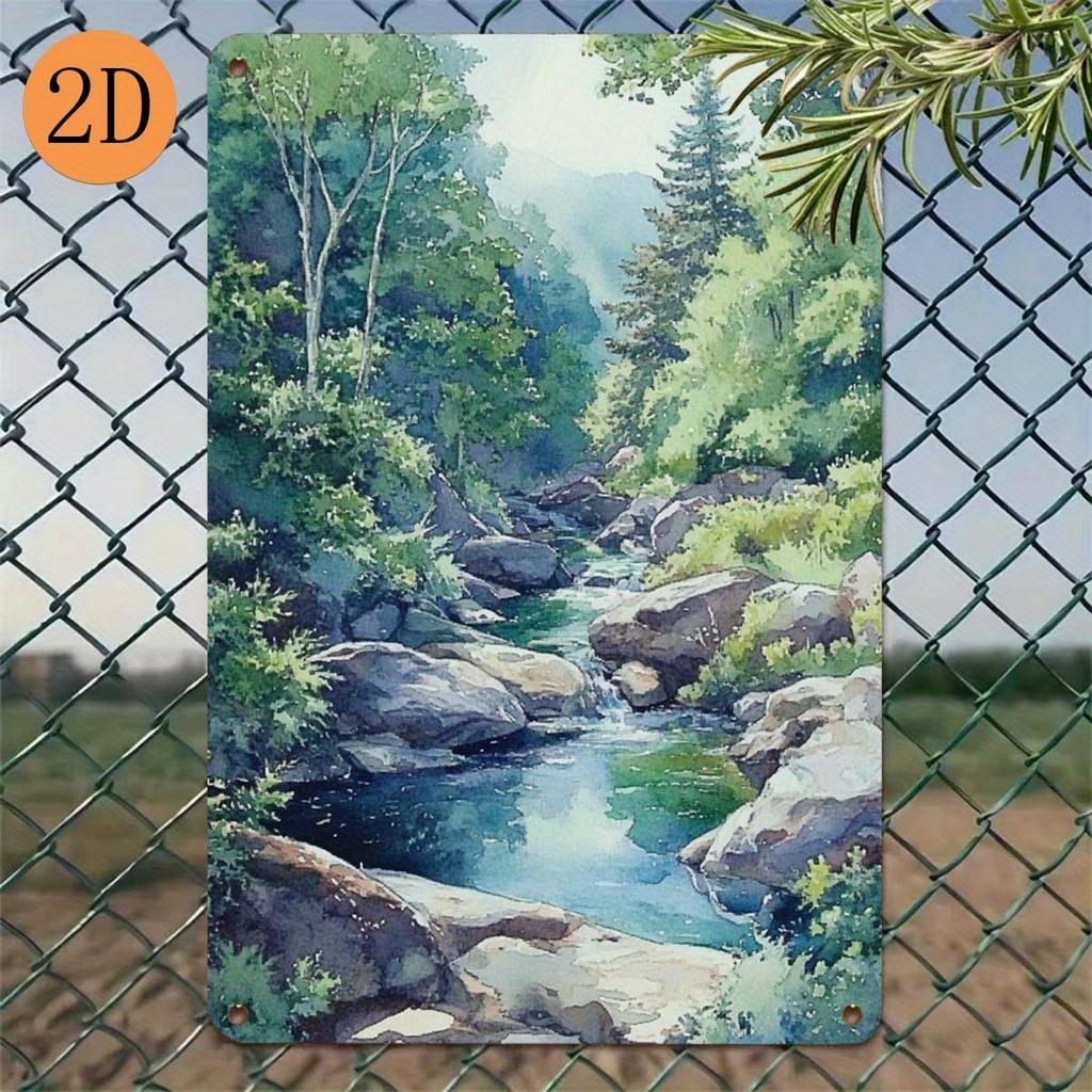 2D Flat, 1pc Rustic River Tin Painting - Waterproof & Rustproof Metal Wall Art - 8x12 Inch (20x30cm) Vintage Landscape Decor - I