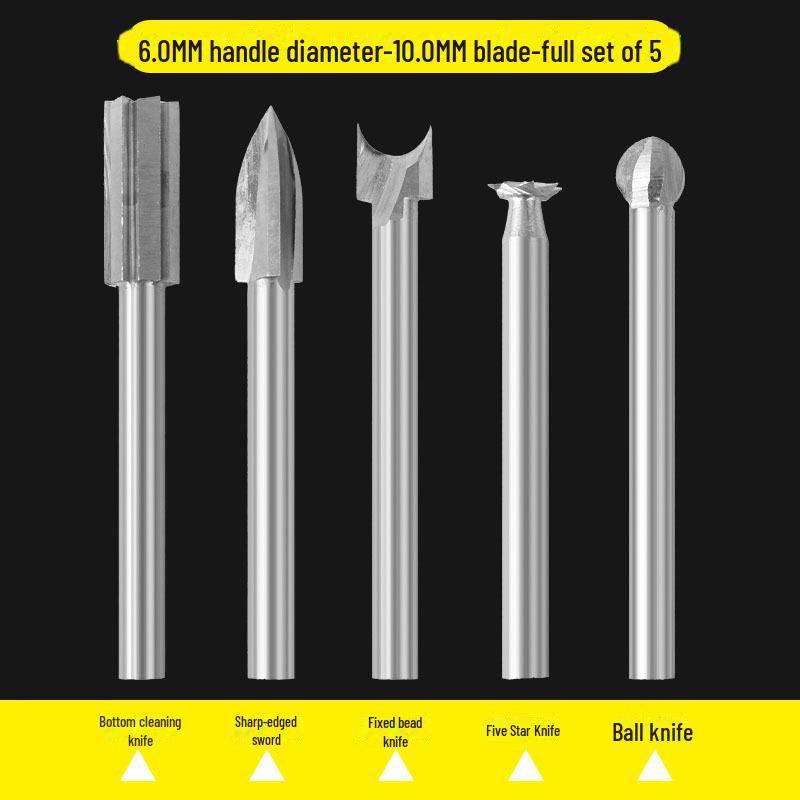 

Електричний набір ножів і свердел для різьблення по дереву: Точний інструмент для різьблення, шліфування, фрезерування та видовбування в дерев’яних роботах Rod 6mm head 10mm five-piece set